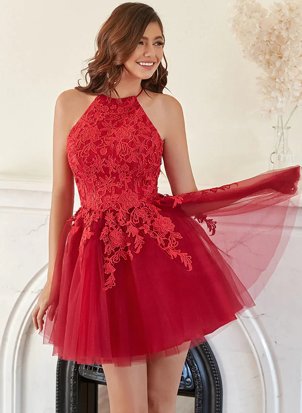 A-Line Halter Short/Mini Tulle Homecoming Dresses With Appliques Lace - Image 5
