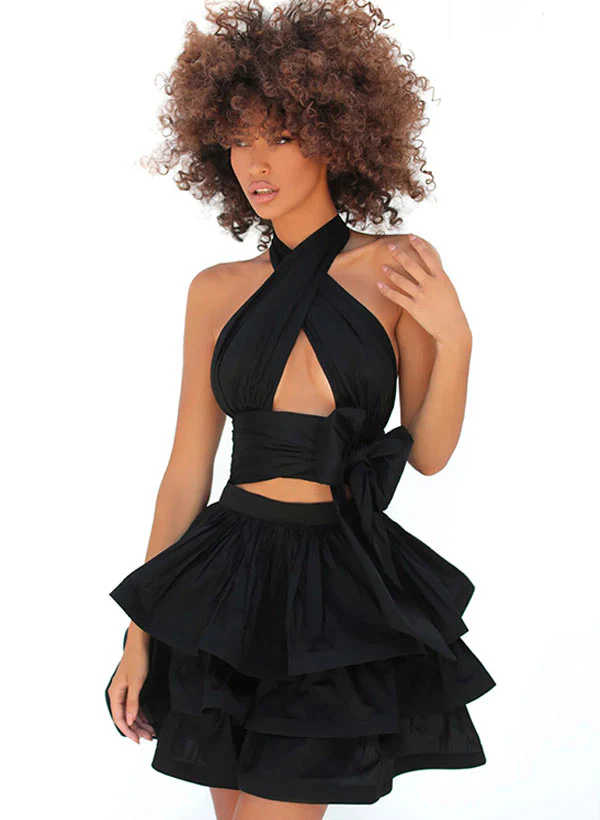 A-Line Halter Sleeveless Satin Homecoming Dresses With Cascading Ruffles - Image 2