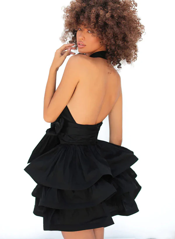 A-Line Halter Sleeveless Satin Homecoming Dresses With Cascading Ruffles - Image 3