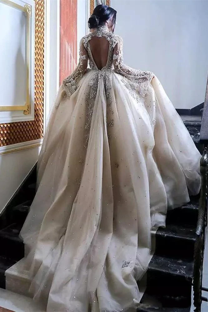 A-line High Collar Long Sleeves Long Train Backless Beaded Wedding Dress - Image 2