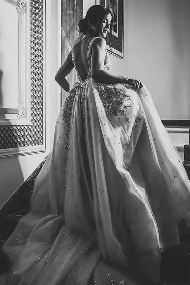 A-line High Collar Long Sleeves Long Train Backless Beaded Wedding Dress - Image 3
