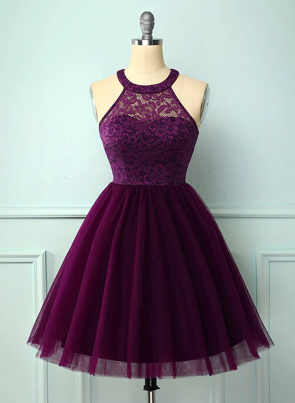 A-Line High Neck Sleeveless Tulle Lace Knee-length Homecoming Dress With Lace Pleated - Image 10