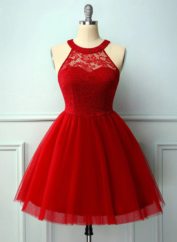 A-Line High Neck Sleeveless Tulle Lace Knee-length Homecoming Dress With Lace Pleated - Image 11