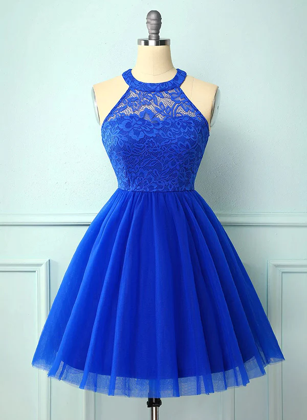 A-Line High Neck Sleeveless Tulle Lace Knee-length Homecoming Dress With Lace Pleated - Image 12