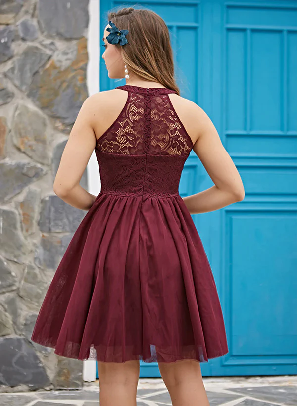 A-Line High Neck Sleeveless Tulle Lace Knee-length Homecoming Dress With Lace Pleated - Image 2
