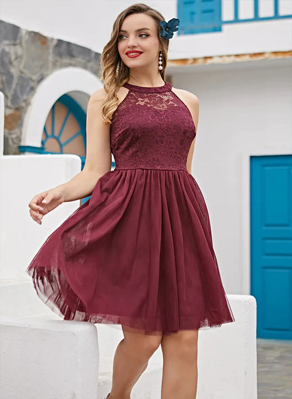 A-Line High Neck Sleeveless Tulle Lace Knee-length Homecoming Dress With Lace Pleated - Image 3