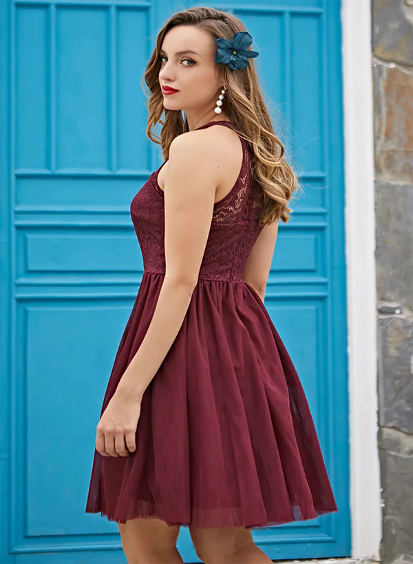 A-Line High Neck Sleeveless Tulle Lace Knee-length Homecoming Dress With Lace Pleated - Image 5