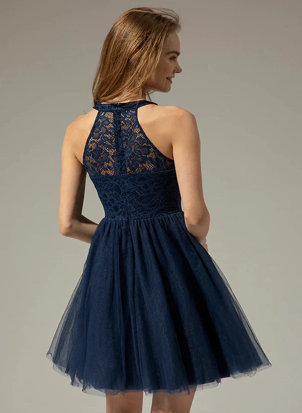 A-Line High Neck Sleeveless Tulle Lace Knee-length Homecoming Dress With Lace Pleated - Image 7