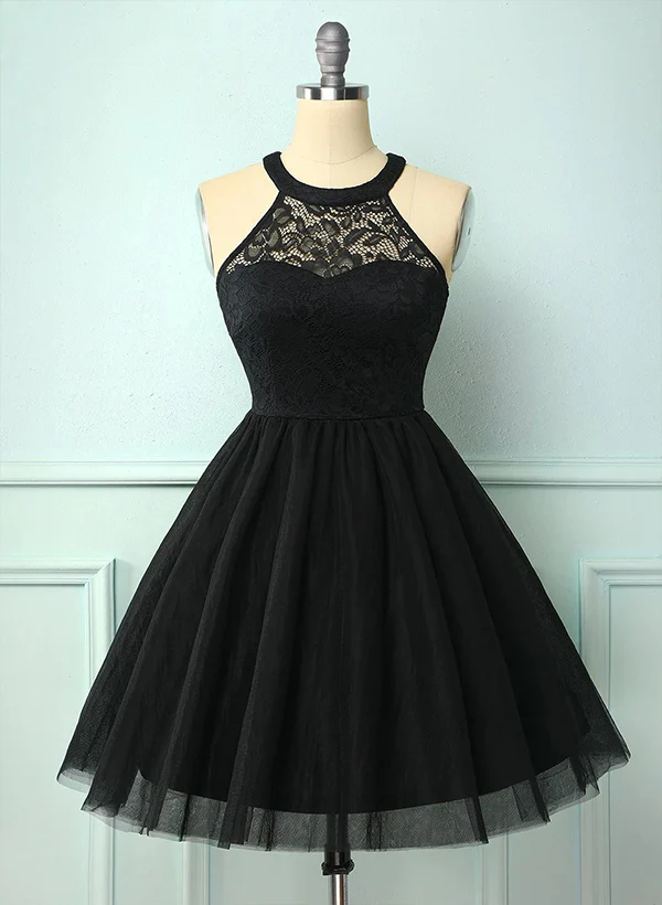 A-Line High Neck Sleeveless Tulle Lace Knee-length Homecoming Dress With Lace Pleated - Image 8
