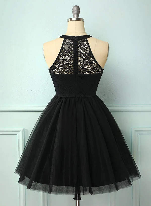 A-Line High Neck Sleeveless Tulle Lace Knee-length Homecoming Dress With Lace Pleated - Image 9