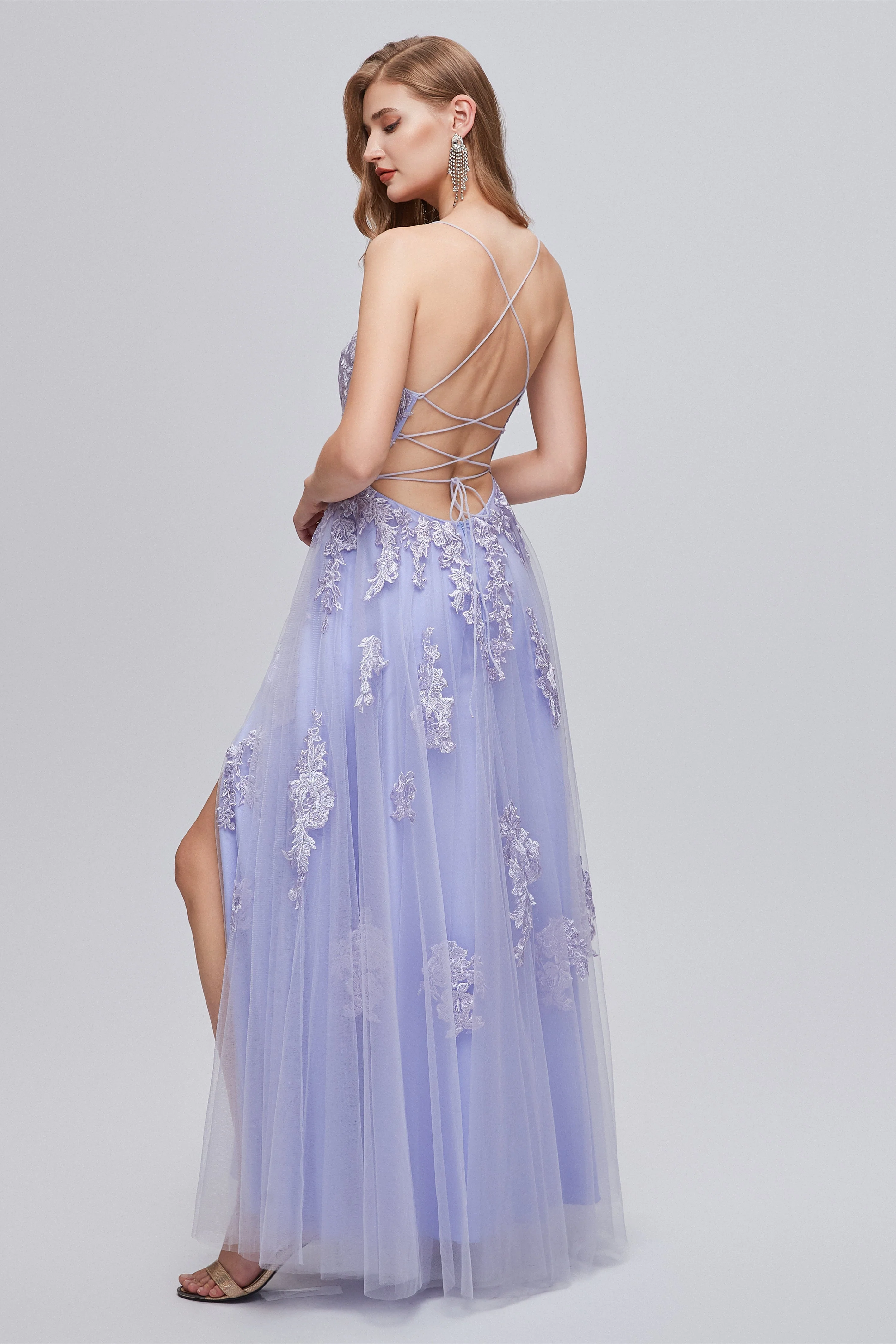 A-line High Split Spaghetti strap Applique Ankle Length Sleeveless Lace Prom Dresses - Image 2