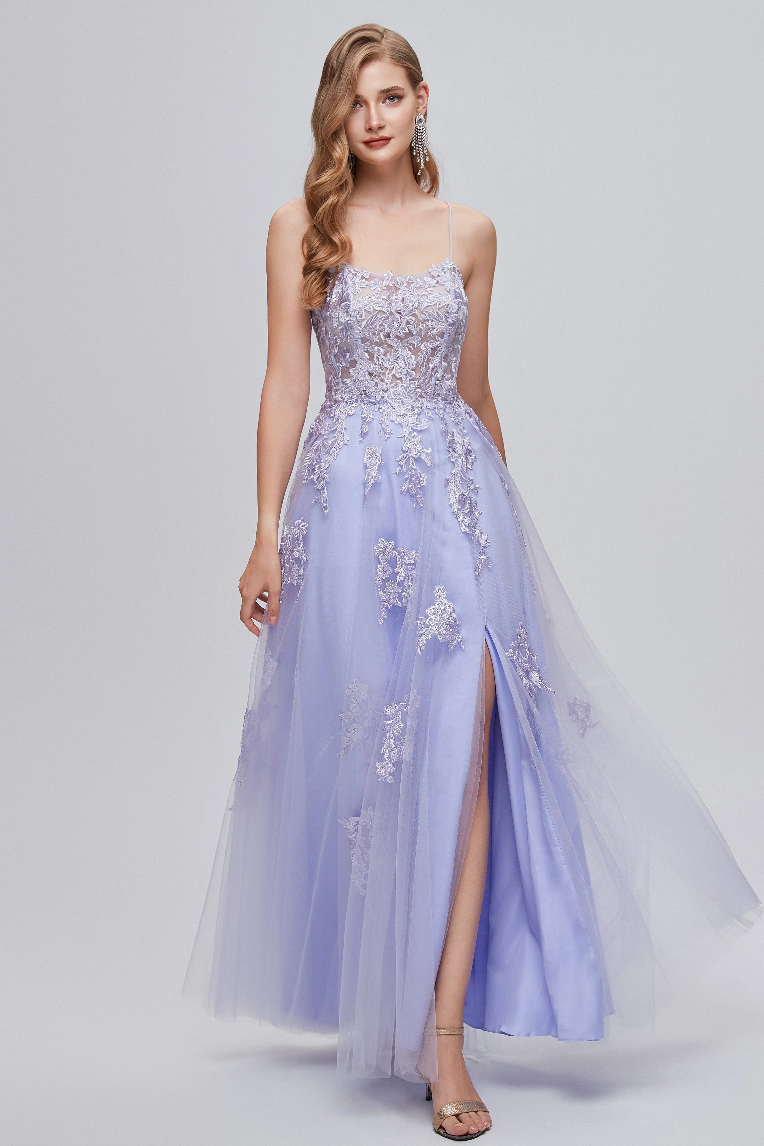 A-line High Split Spaghetti strap Applique Ankle Length Sleeveless Lace Prom Dresses - Image 3