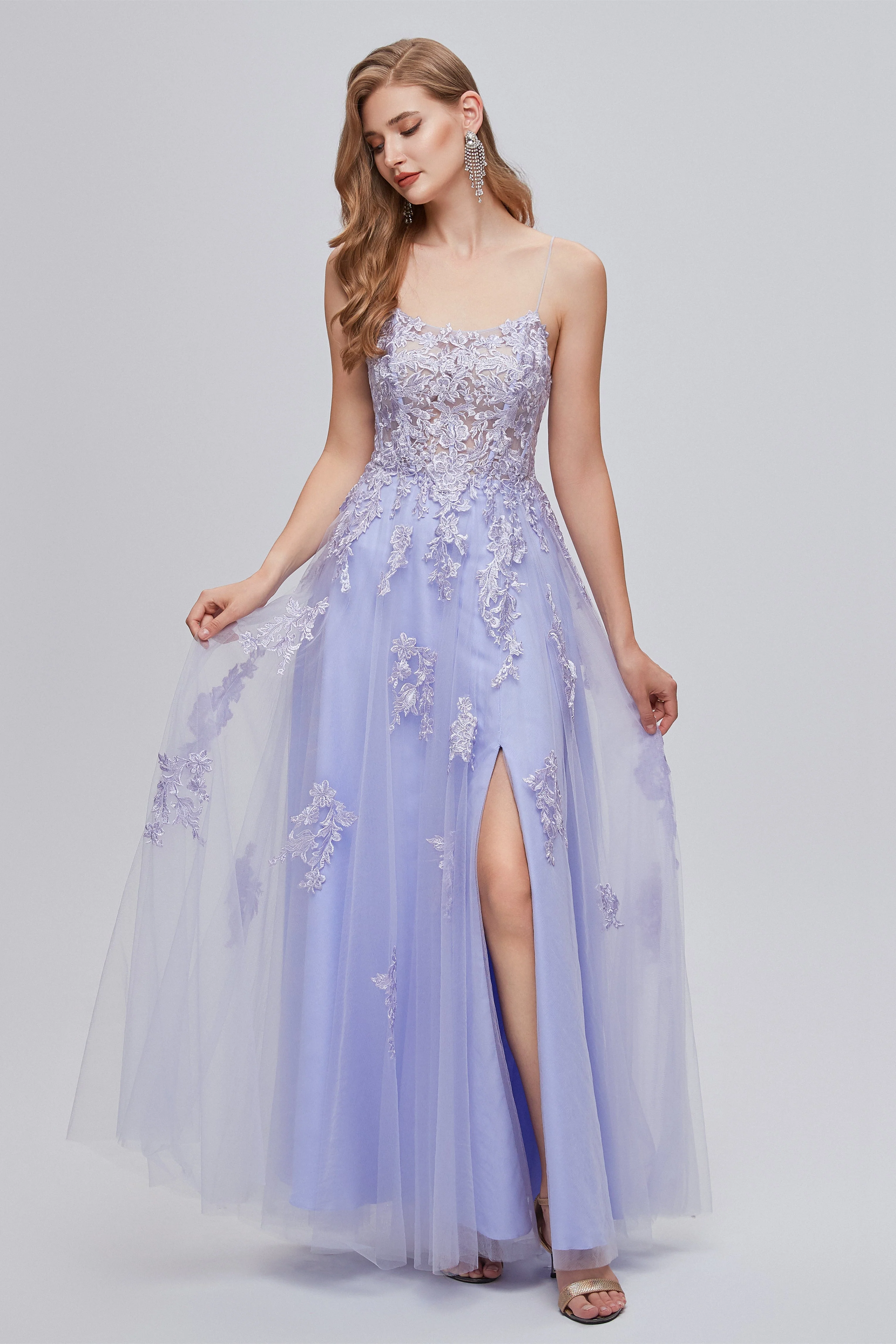 A-line High Split Spaghetti strap Applique Ankle Length Sleeveless Lace Prom Dresses - Image 4
