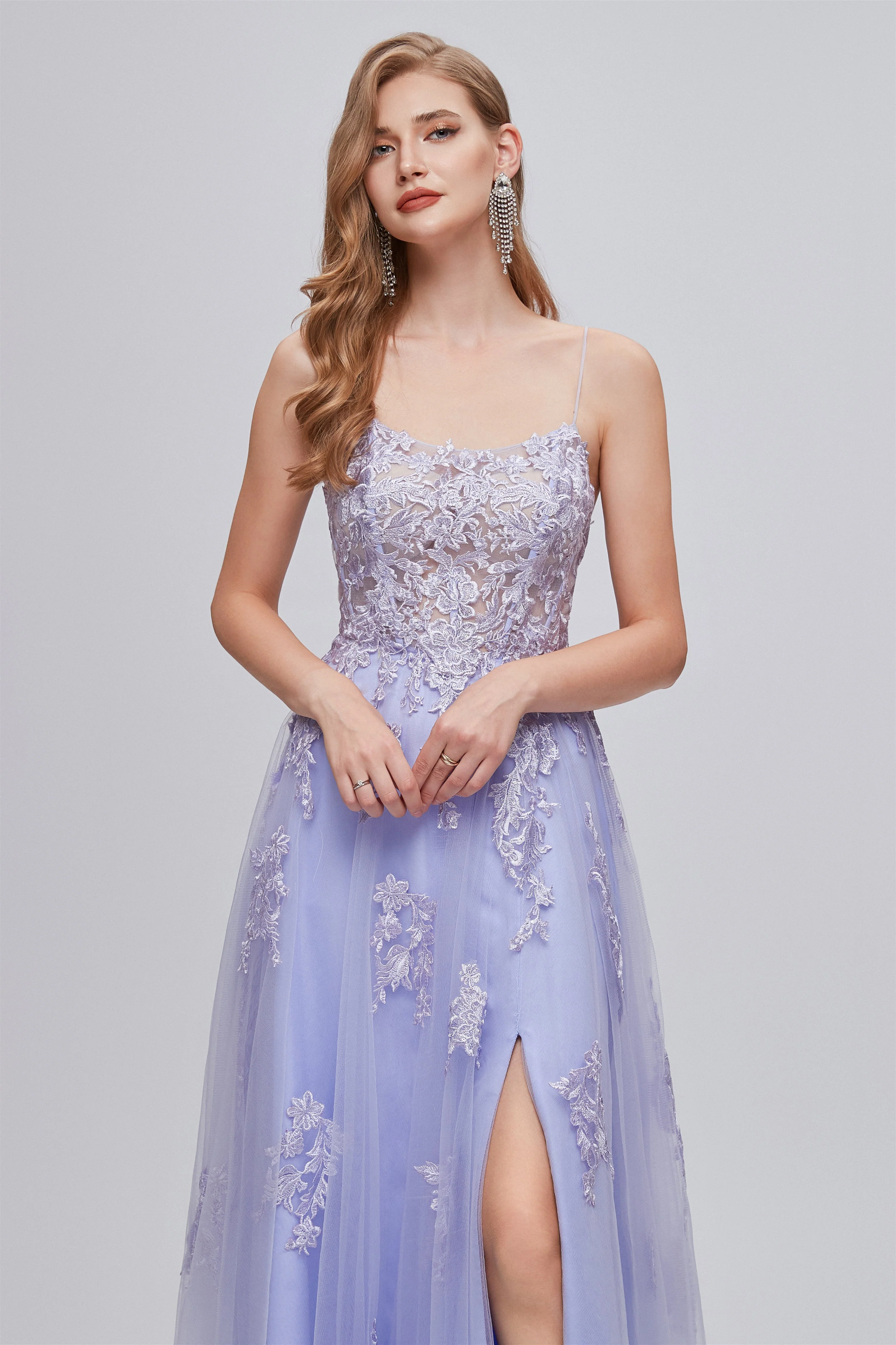 A-line High Split Spaghetti strap Applique Ankle Length Sleeveless Lace Prom Dresses - Image 6