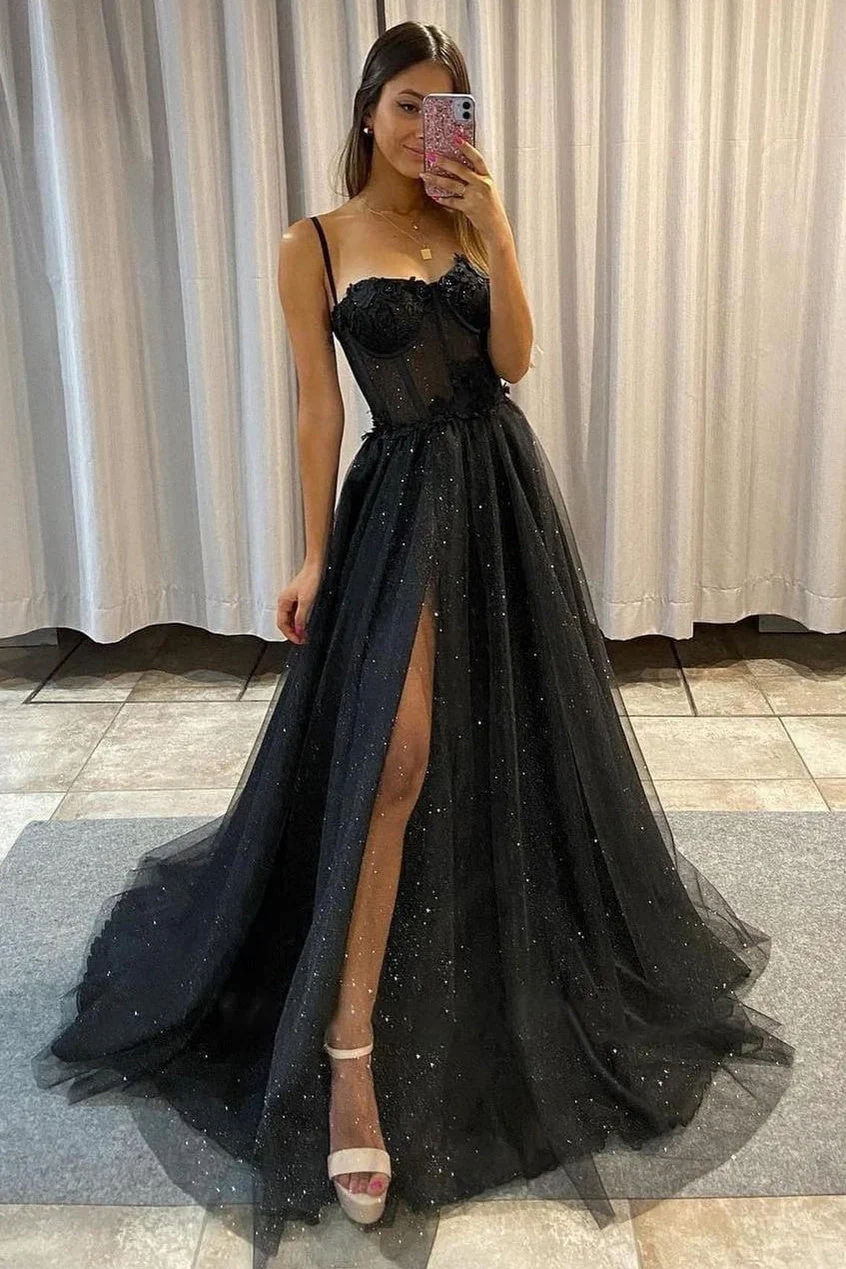 A-line High Split Spaghetti strap Sweetheart Sequined Sleeveless Lace Applique Prom Dress - Image 2