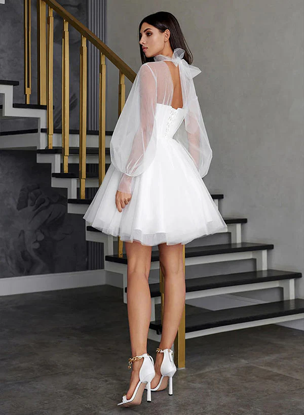 A-Line Illusion Neck Long Sleeves Short/Mini Tulle Homecoming Dresses - Image 2