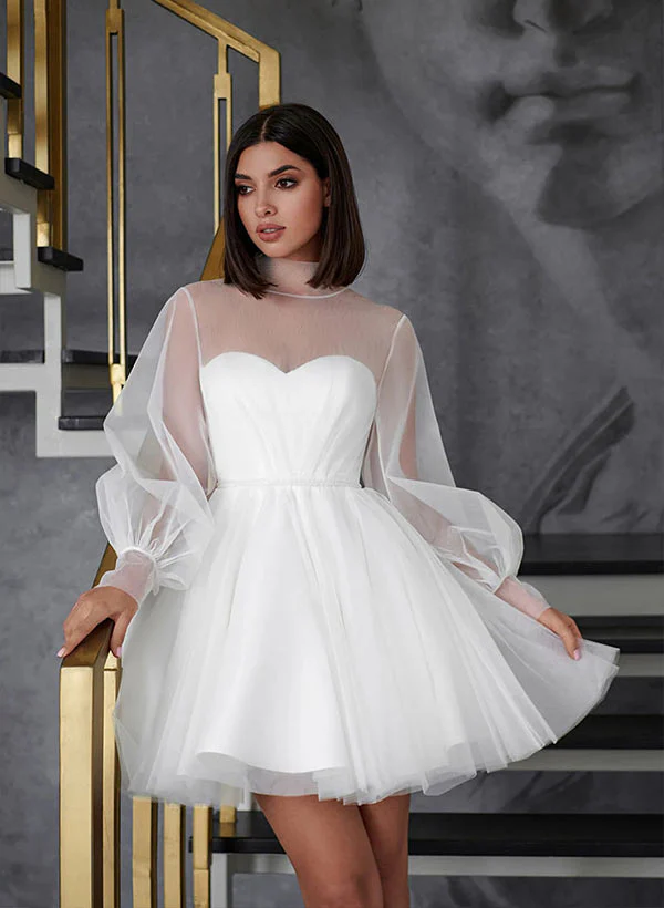 A-Line Illusion Neck Long Sleeves Short/Mini Tulle Homecoming Dresses - Image 3