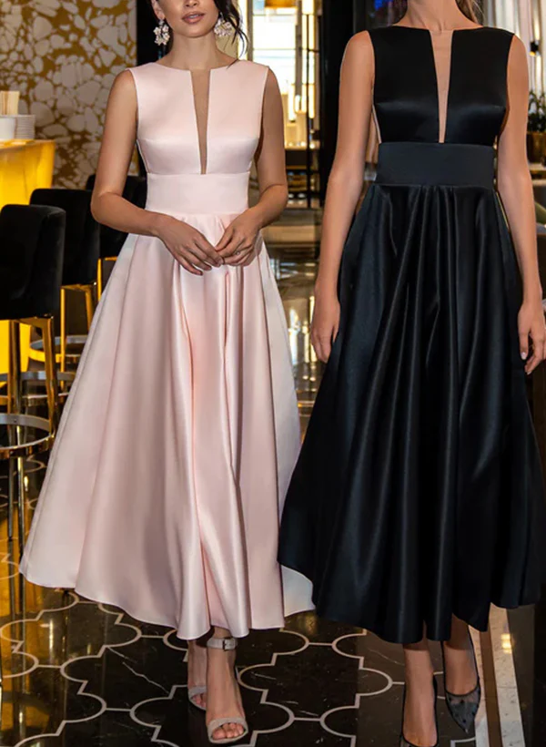 A-Line Illusion Neck Sleeveless Ankle-Length Satin Homecoming Dresses - Image 2