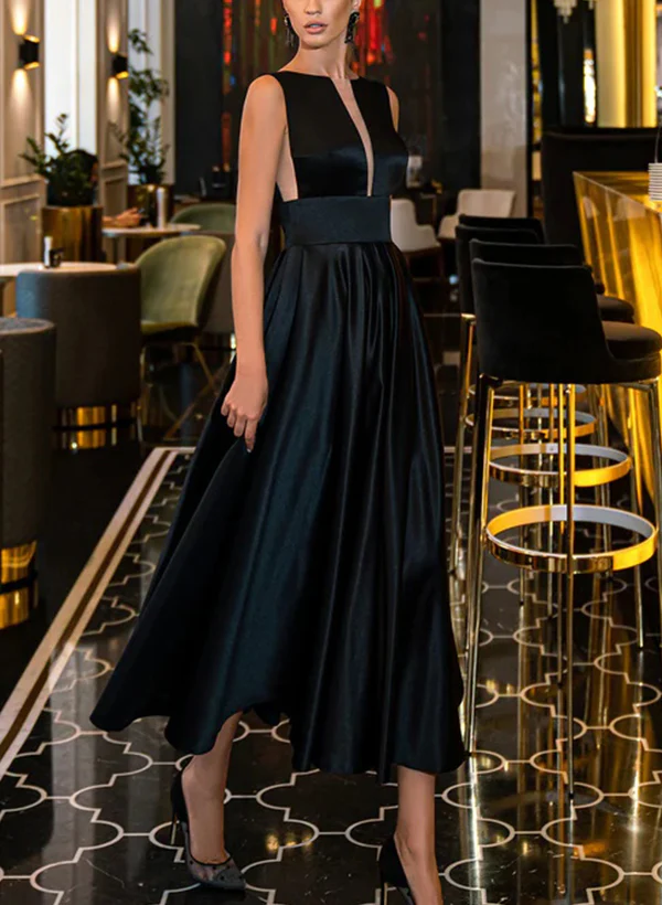A-Line Illusion Neck Sleeveless Ankle-Length Satin Homecoming Dresses - Image 3