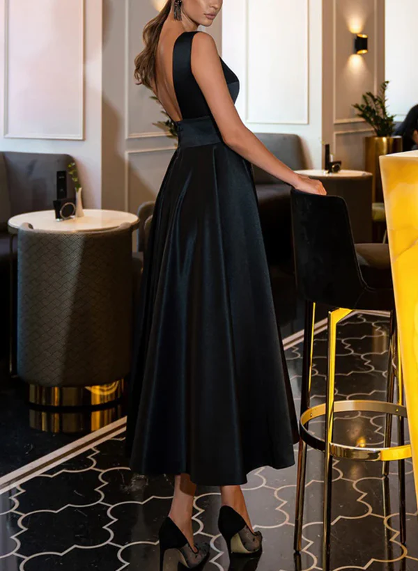 A-Line Illusion Neck Sleeveless Ankle-Length Satin Homecoming Dresses - Image 4