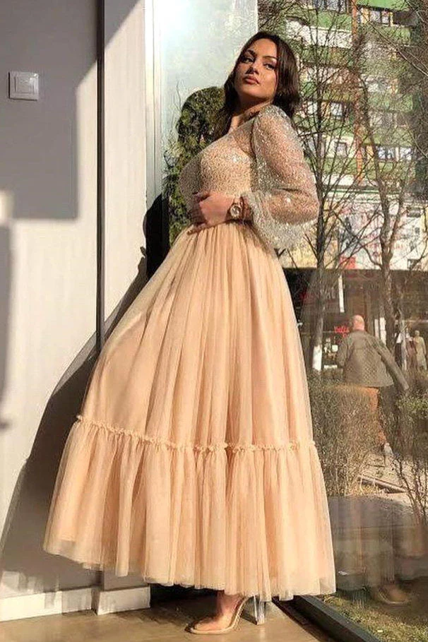 A-line Jewel Ankle Length Multiple Layers Long Sleeve Sequined Prom Dress - Image 2
