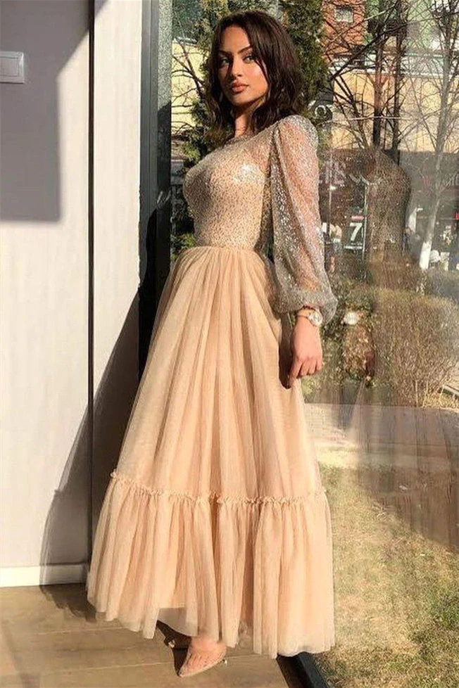A-line Jewel Ankle Length Multiple Layers Long Sleeve Sequined Prom Dress - Image 3