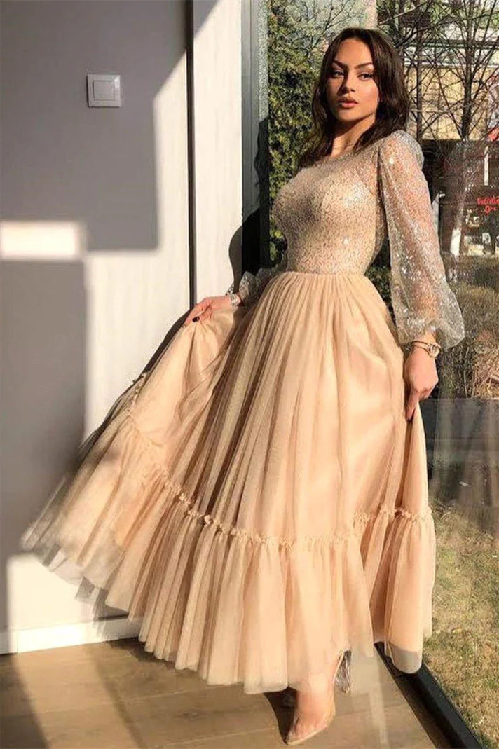 A-line Jewel Ankle Length Multiple Layers Long Sleeve Sequined Prom Dress - Image 4