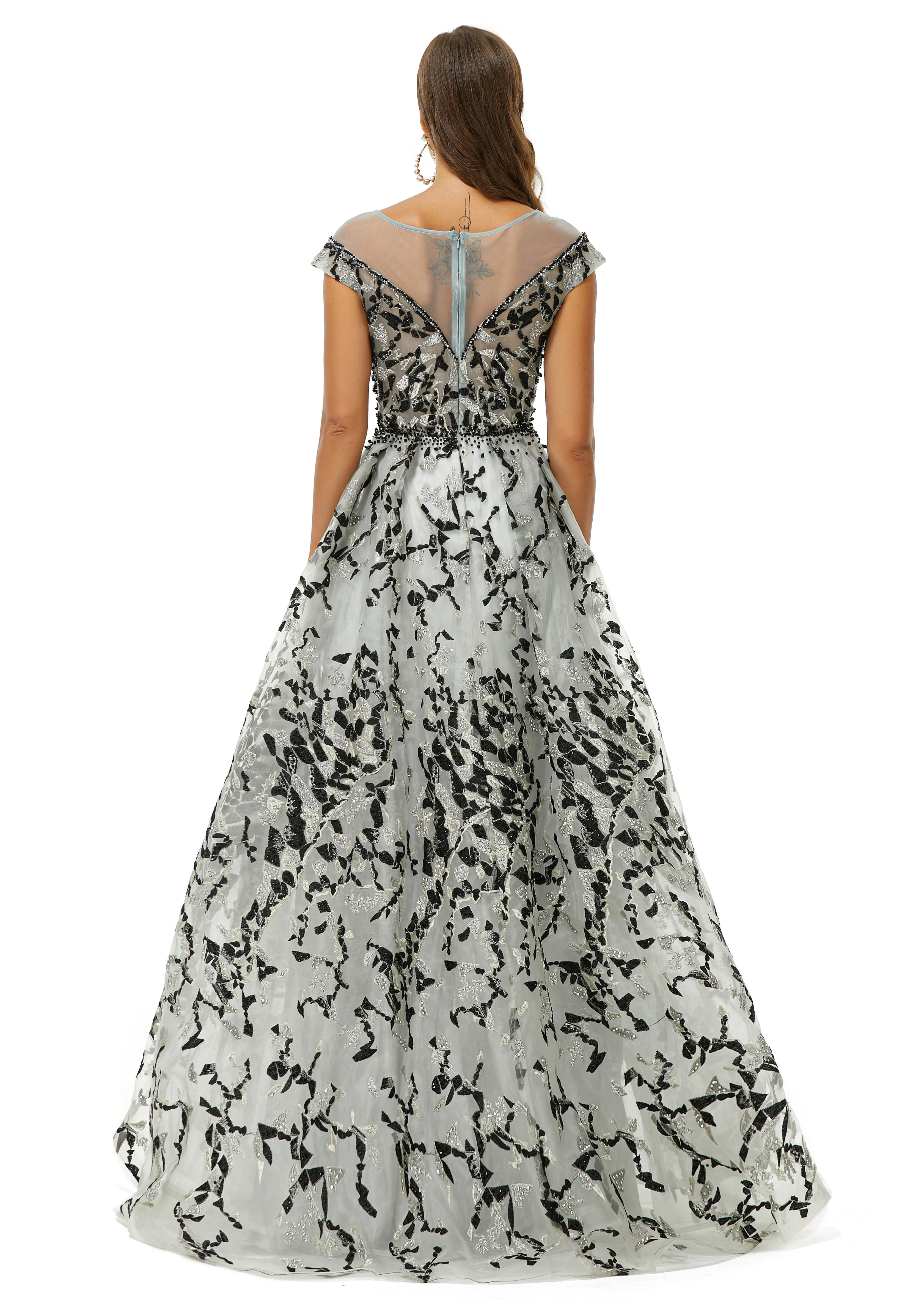 A-line Jewel Beaded Floor-length cap sleeve Sequined Prom Dress - Image 2