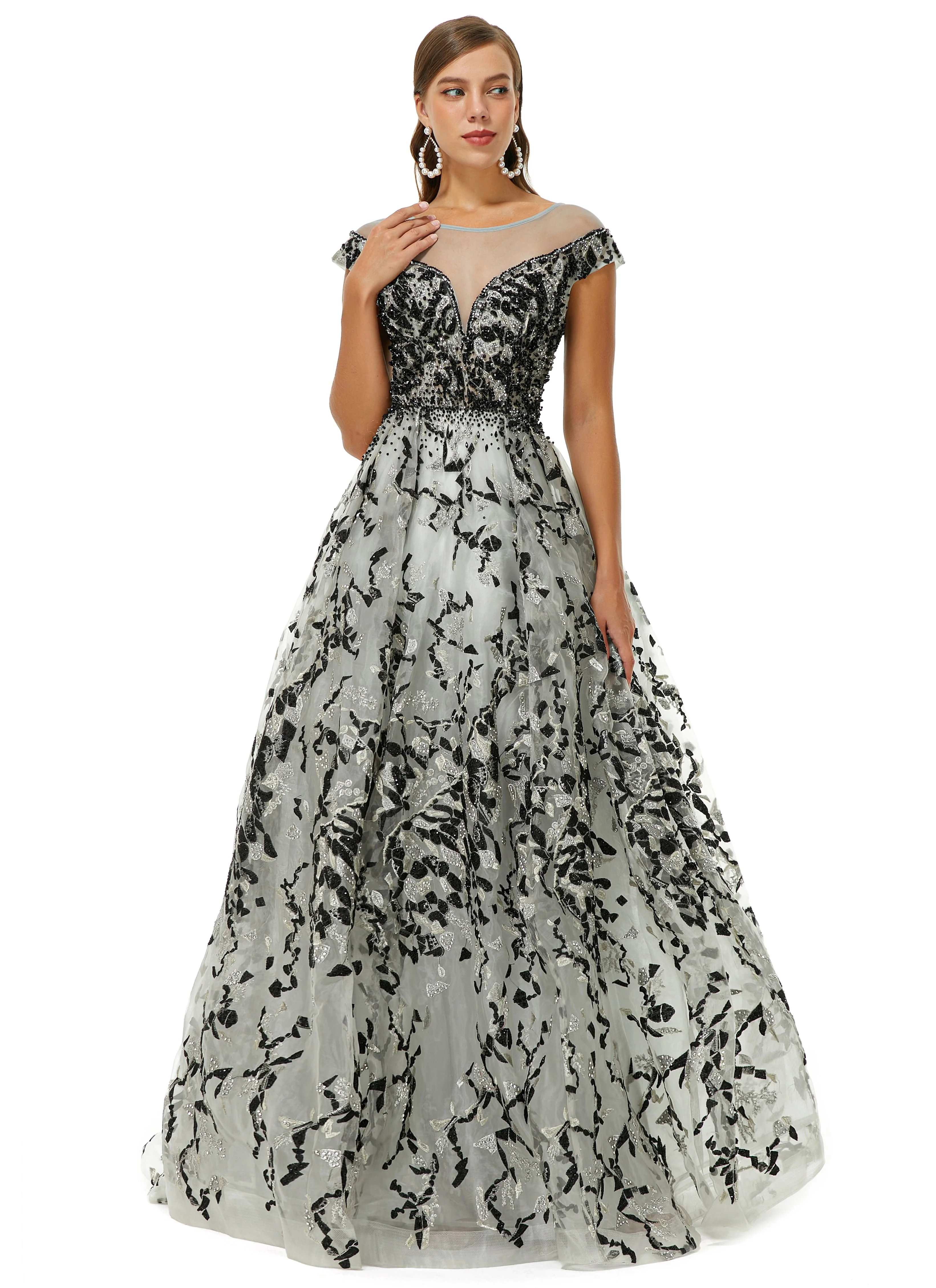 A-line Jewel Beaded Floor-length cap sleeve Sequined Prom Dress - Image 3