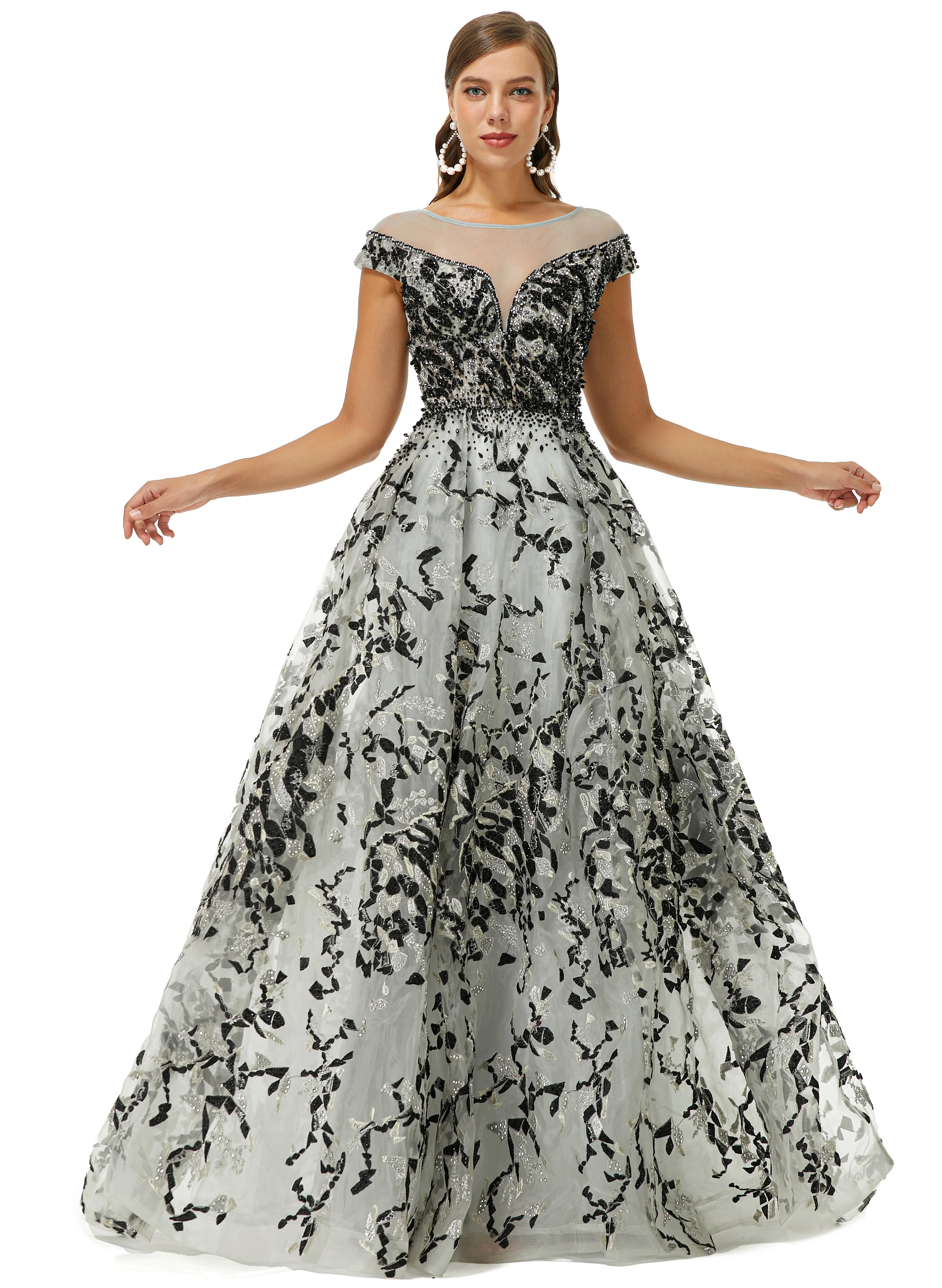 A-line Jewel Beaded Floor-length cap sleeve Sequined Prom Dress - Image 4