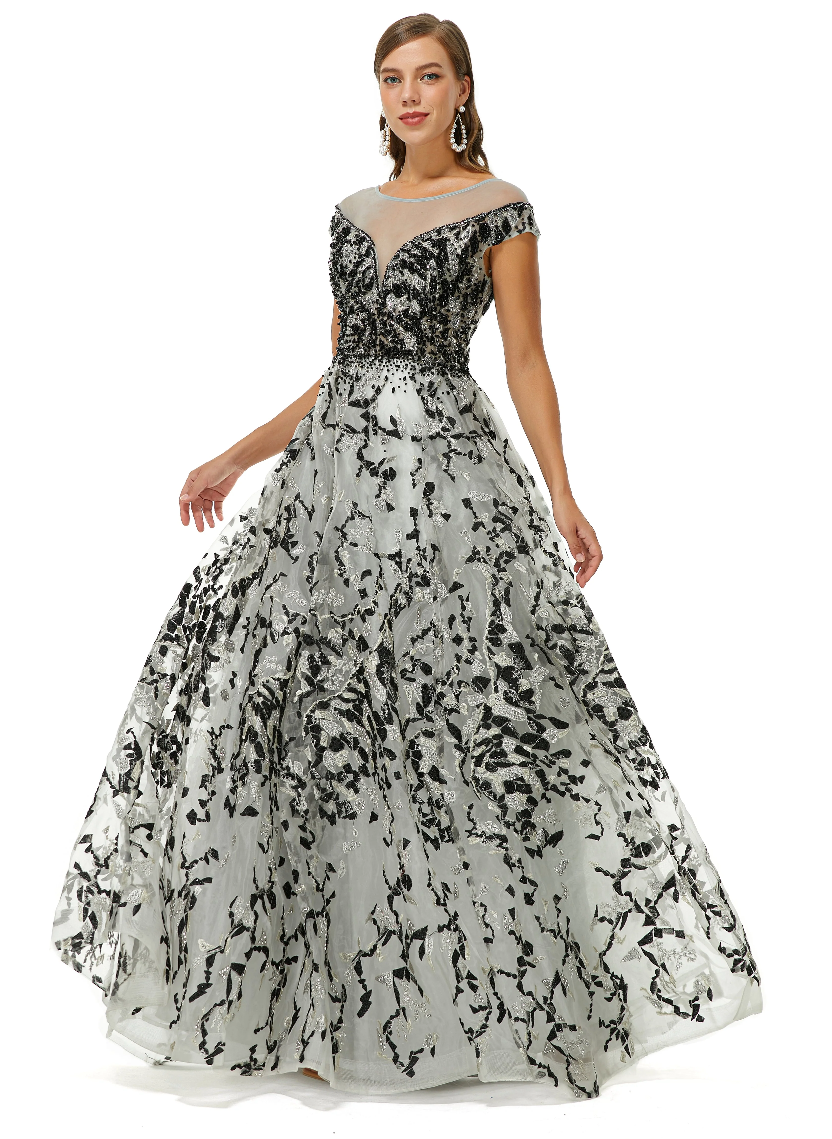 A-line Jewel Beaded Floor-length cap sleeve Sequined Prom Dress - Image 5