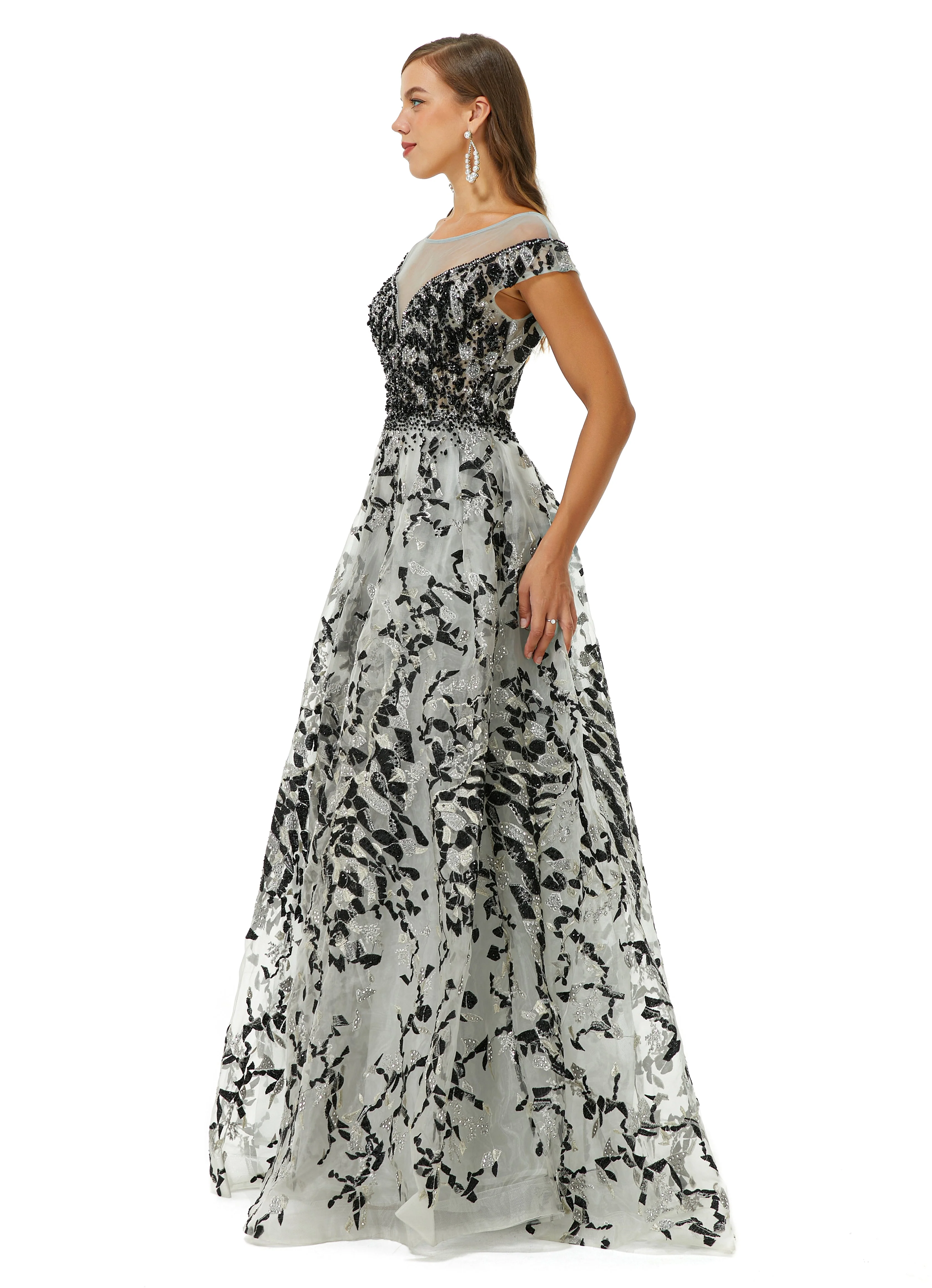 A-line Jewel Beaded Floor-length cap sleeve Sequined Prom Dress - Image 6
