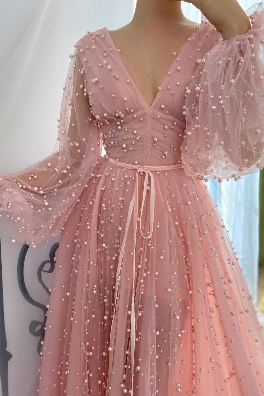 A-line V-neck Beaded Tulle Floor-length Long Sleeve Classy Prom Dress - Image 2