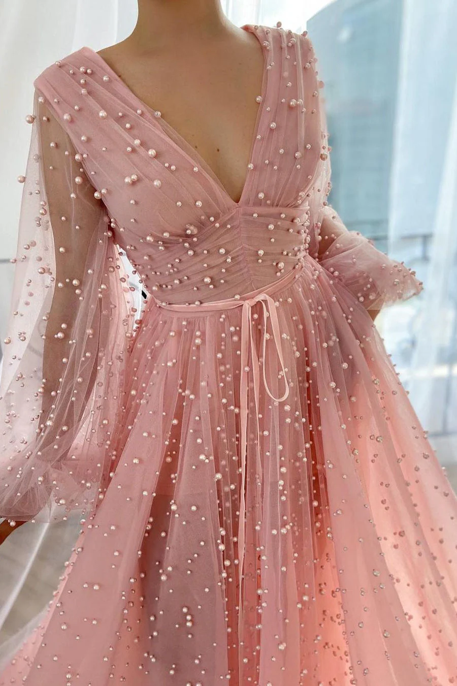 A-line V-neck Beaded Tulle Floor-length Long Sleeve Classy Prom Dress - Image 3