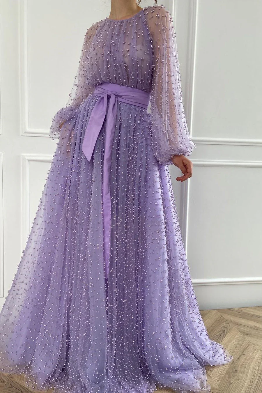 A-line Jewel Beaded Tulle Floor-length Long Sleeve Classy Prom Dress - Image 2