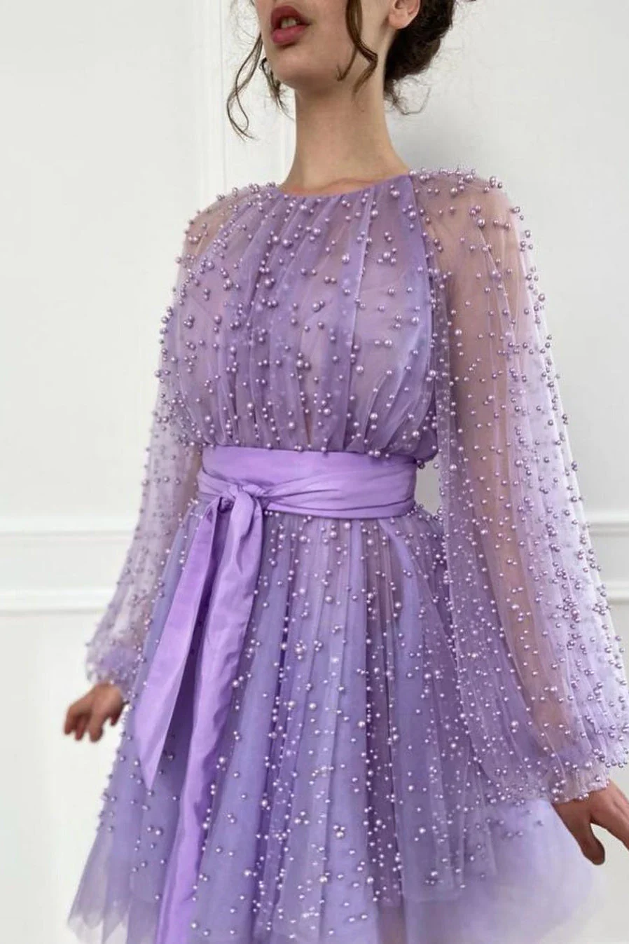 A-line Jewel Beaded Tulle Tea-length Long Sleeve Classy Homecoming Dress - Image 2