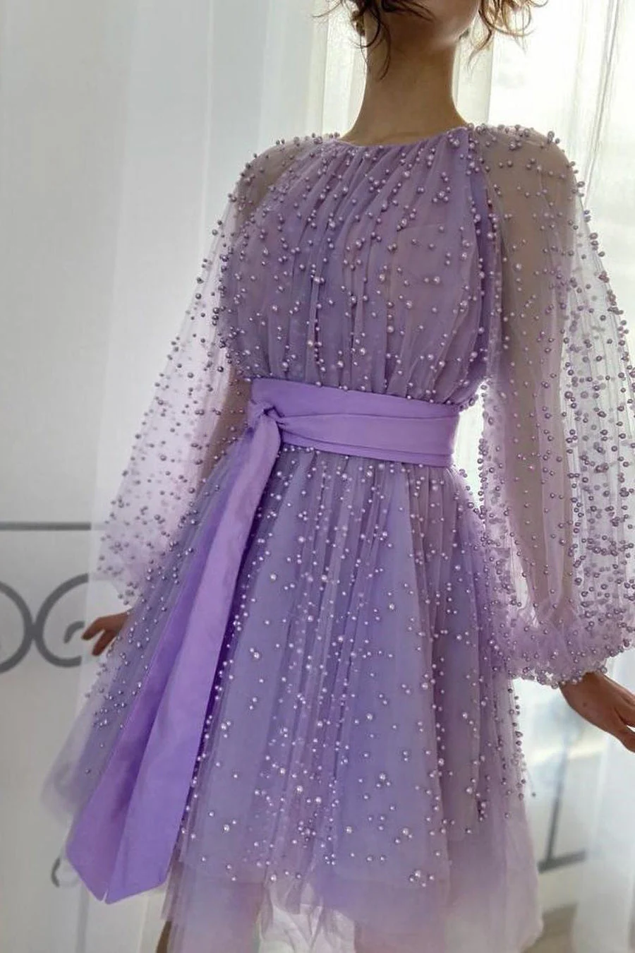 A-line Jewel Beaded Tulle Tea-length Long Sleeve Classy Homecoming Dress - Image 3