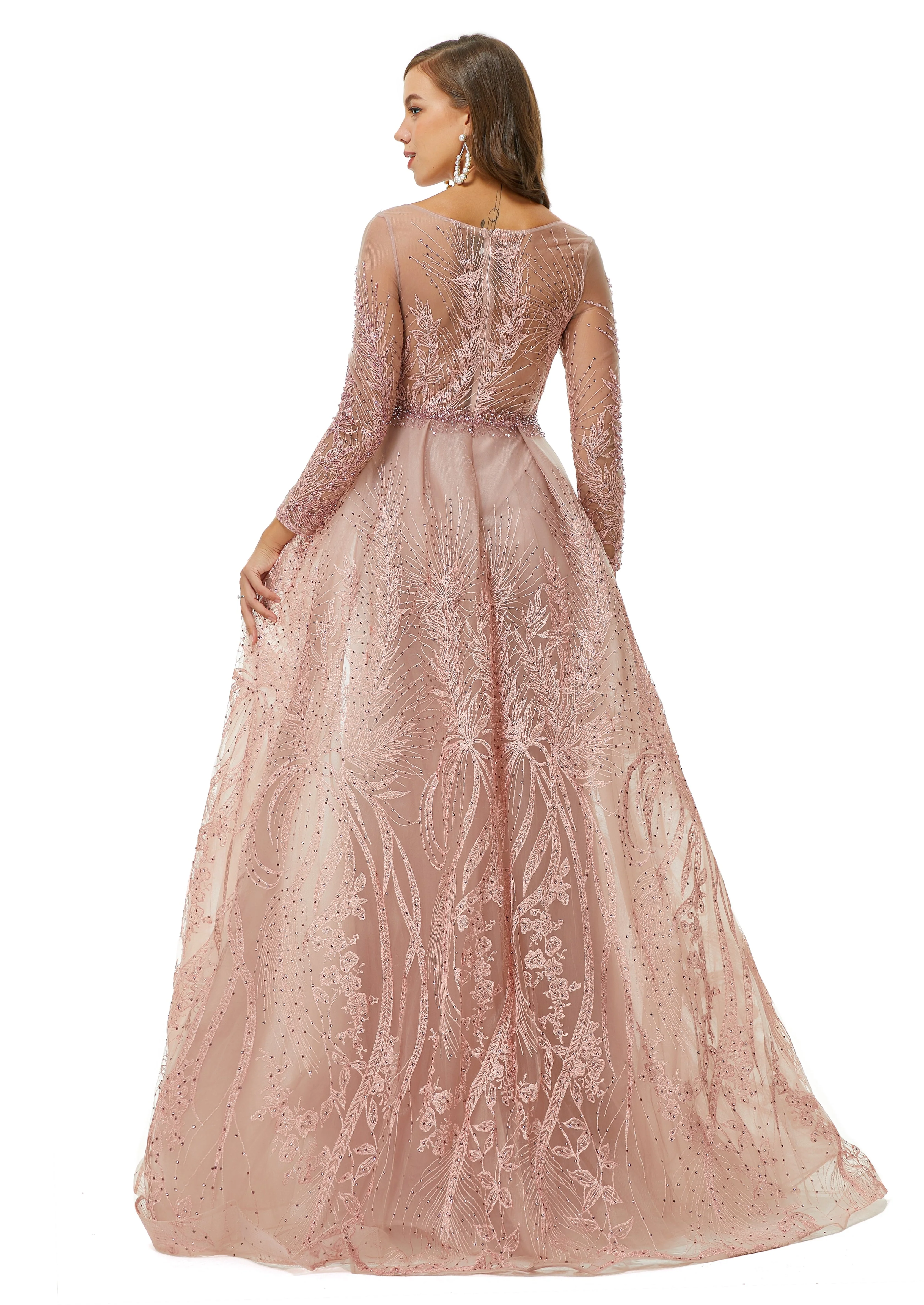 A-line Jewel Floor-length Long Sleeve Appliques Lace Sequined Prom Dress - Image 2