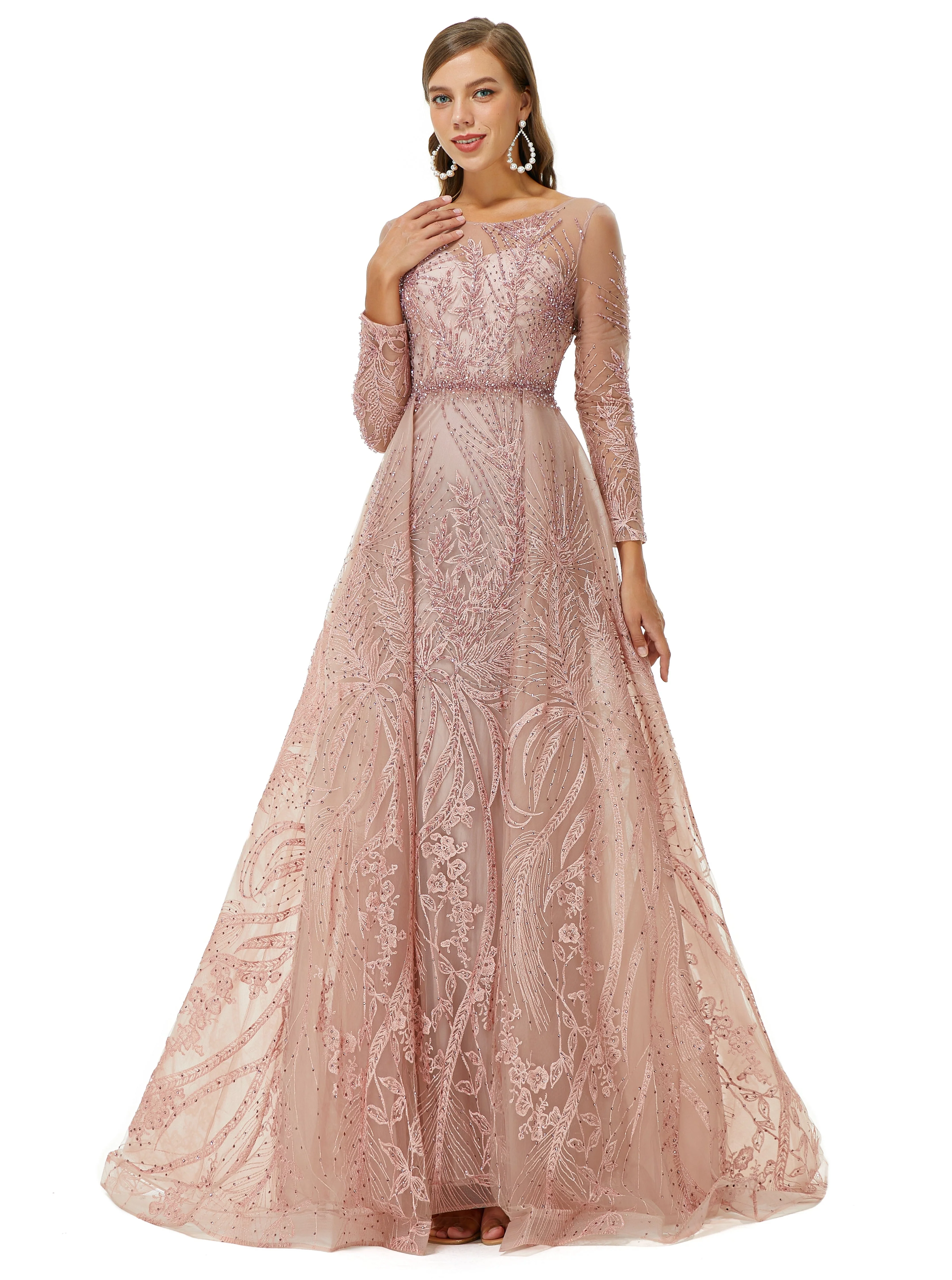 A-line Jewel Floor-length Long Sleeve Appliques Lace Sequined Prom Dress - Image 3