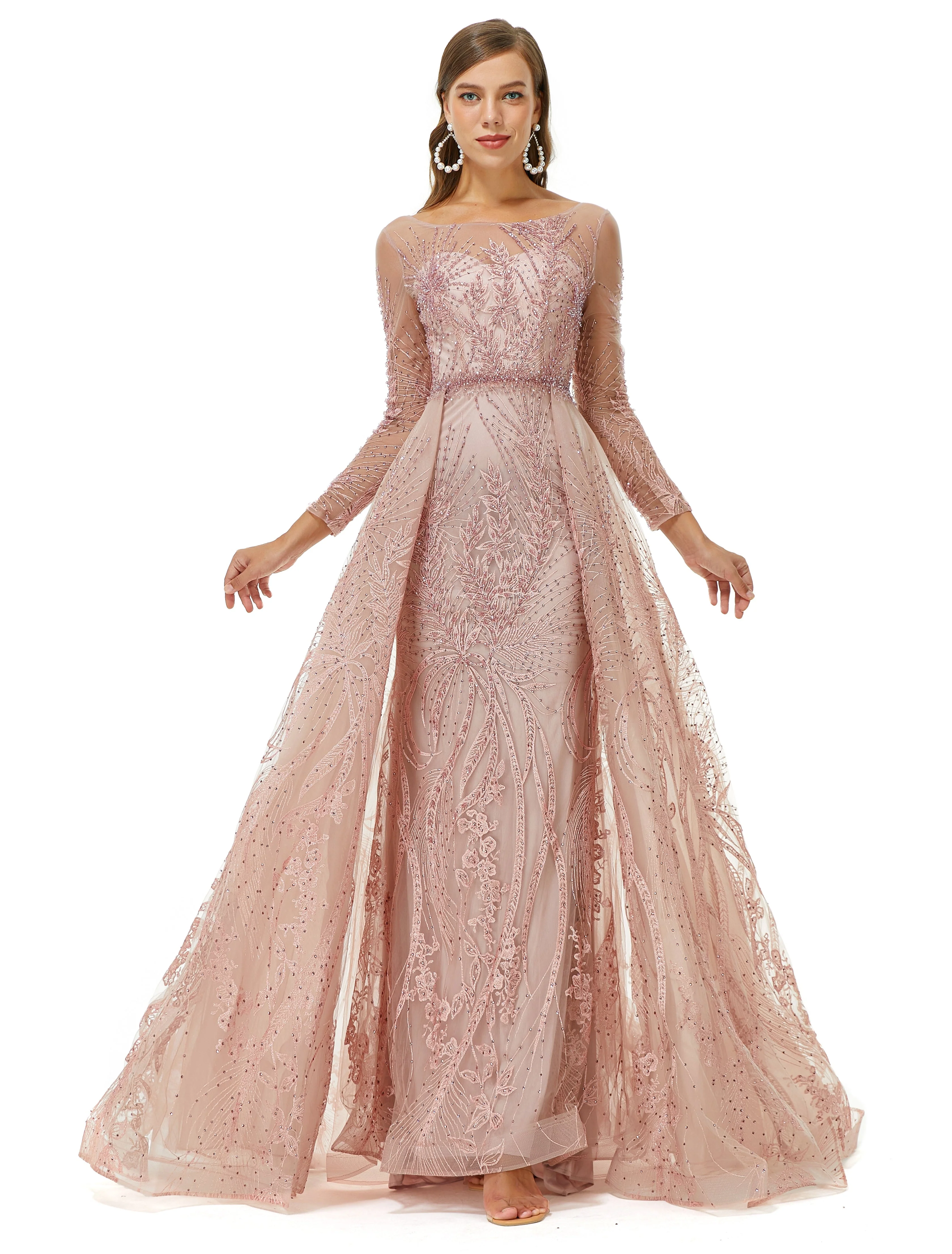 A-line Jewel Floor-length Long Sleeve Appliques Lace Sequined Prom Dress - Image 4