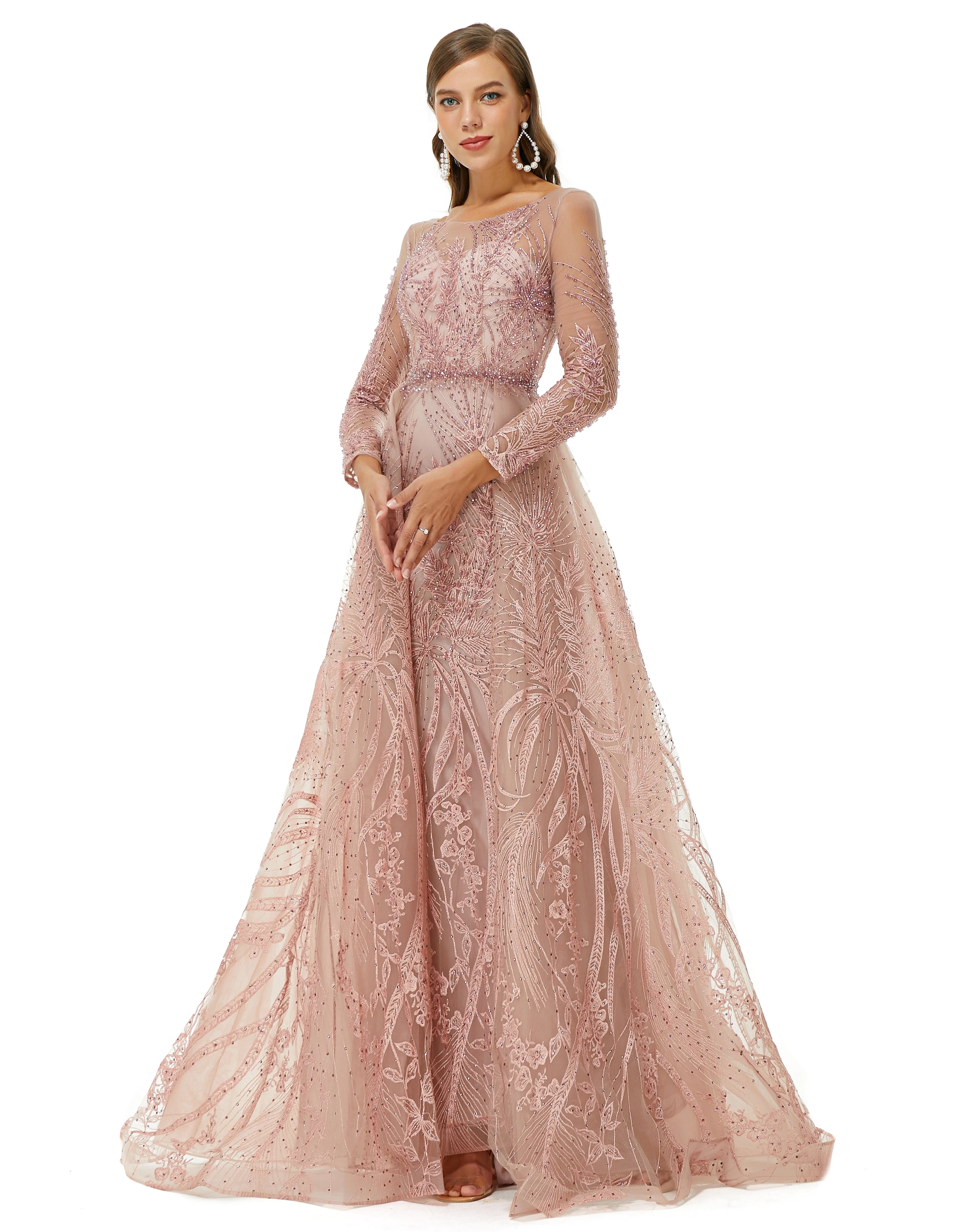 A-line Jewel Floor-length Long Sleeve Appliques Lace Sequined Prom Dress - Image 5