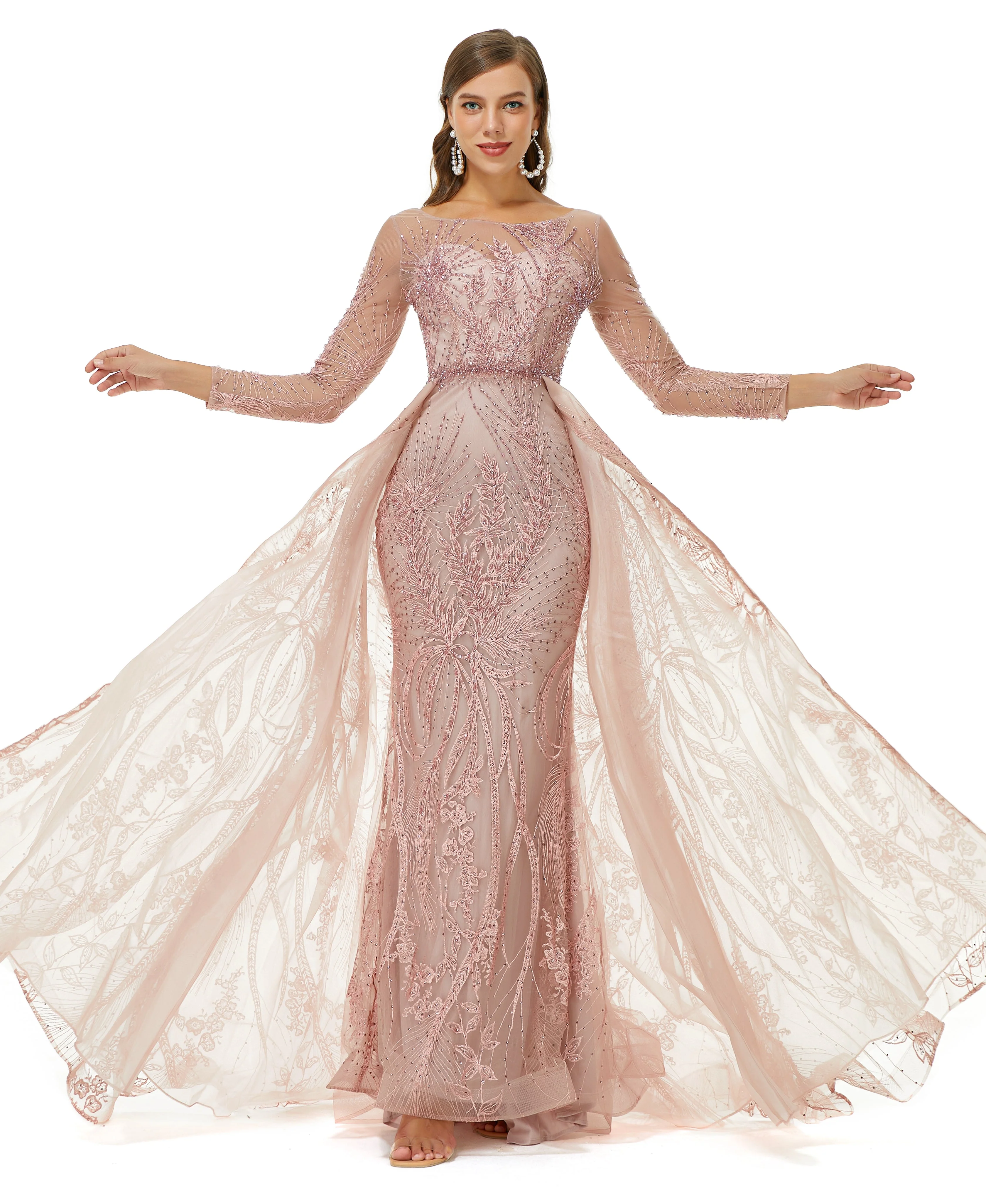 A-line Jewel Floor-length Long Sleeve Appliques Lace Sequined Prom Dress - Image 6