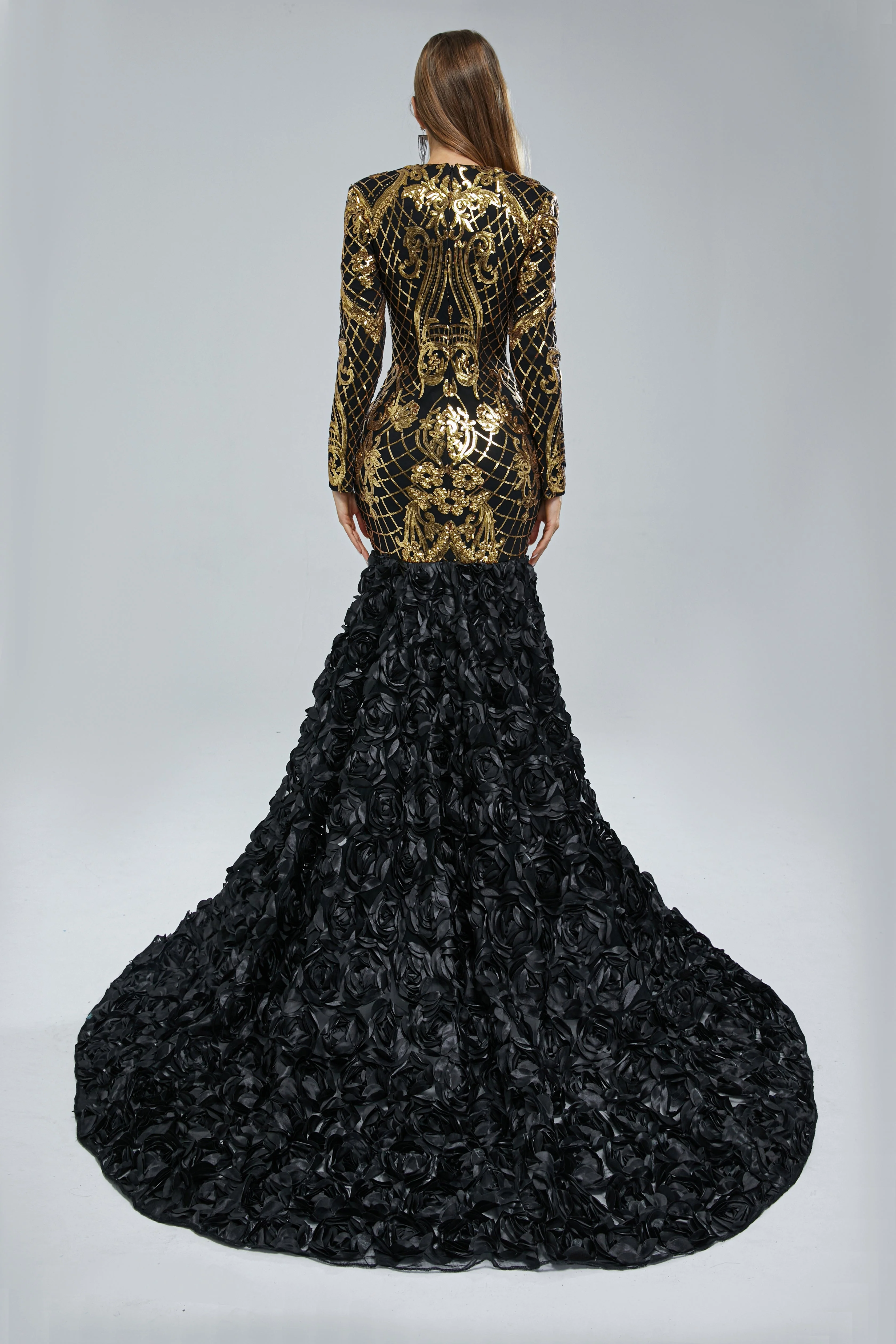 Mermaid V-neck Long sleeves Floor-length Backless Flower Sequined Beautiful Prom Dress - Image 2