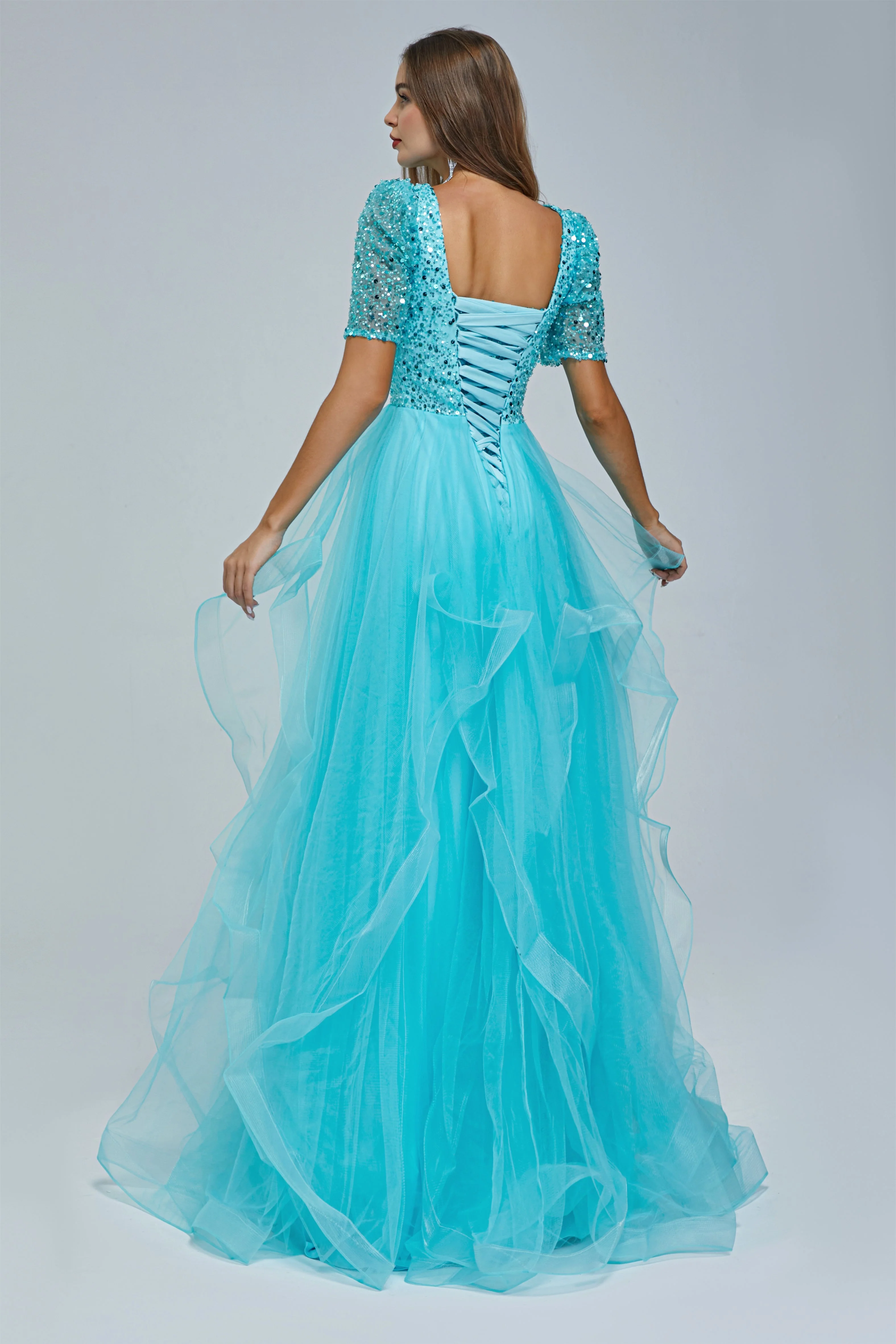 A-line Jewel half sleeves Floor-length Backless Beaded Tulle Beautiful Prom Dress - Image 2