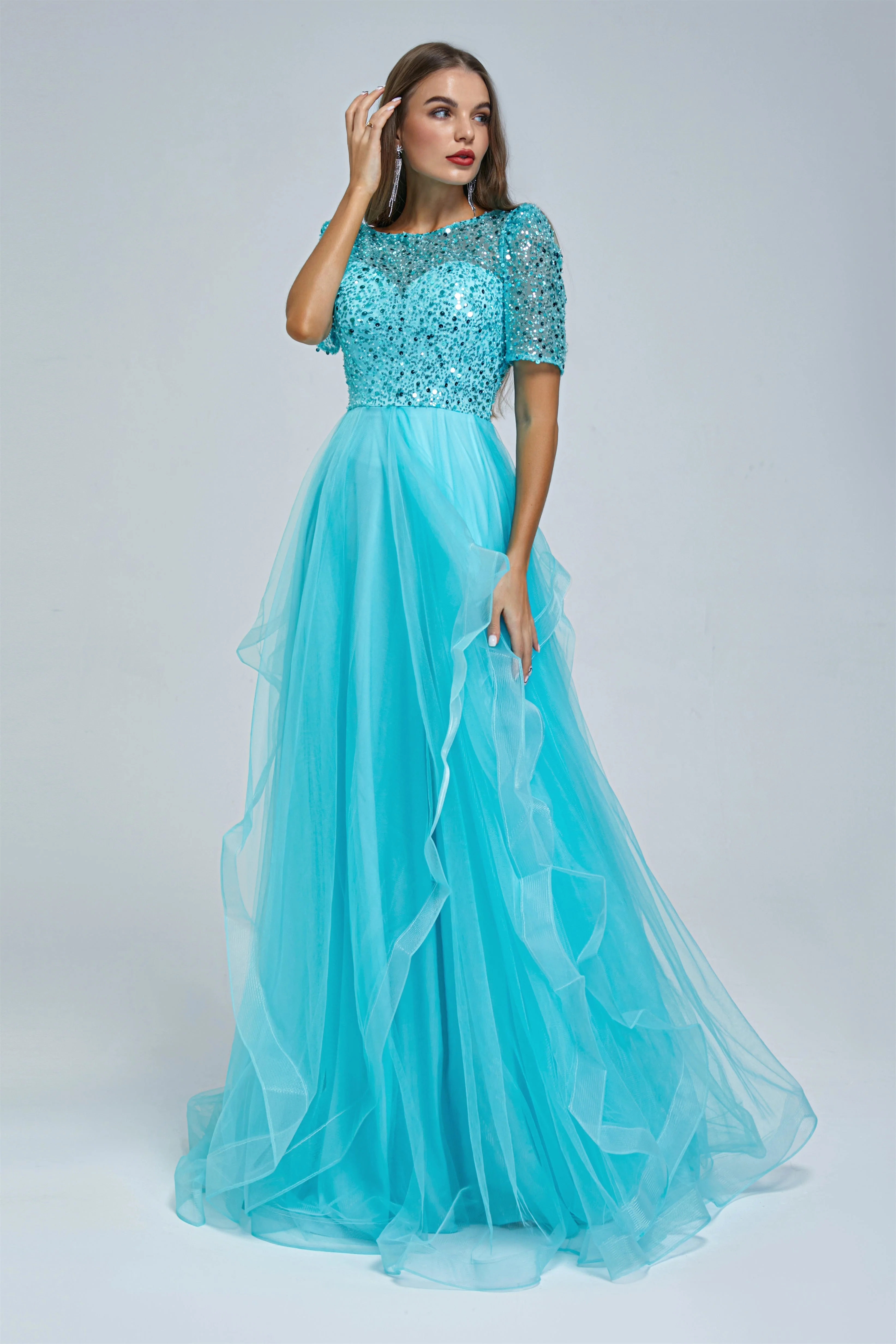 A-line Jewel half sleeves Floor-length Backless Beaded Tulle Beautiful Prom Dress - Image 3