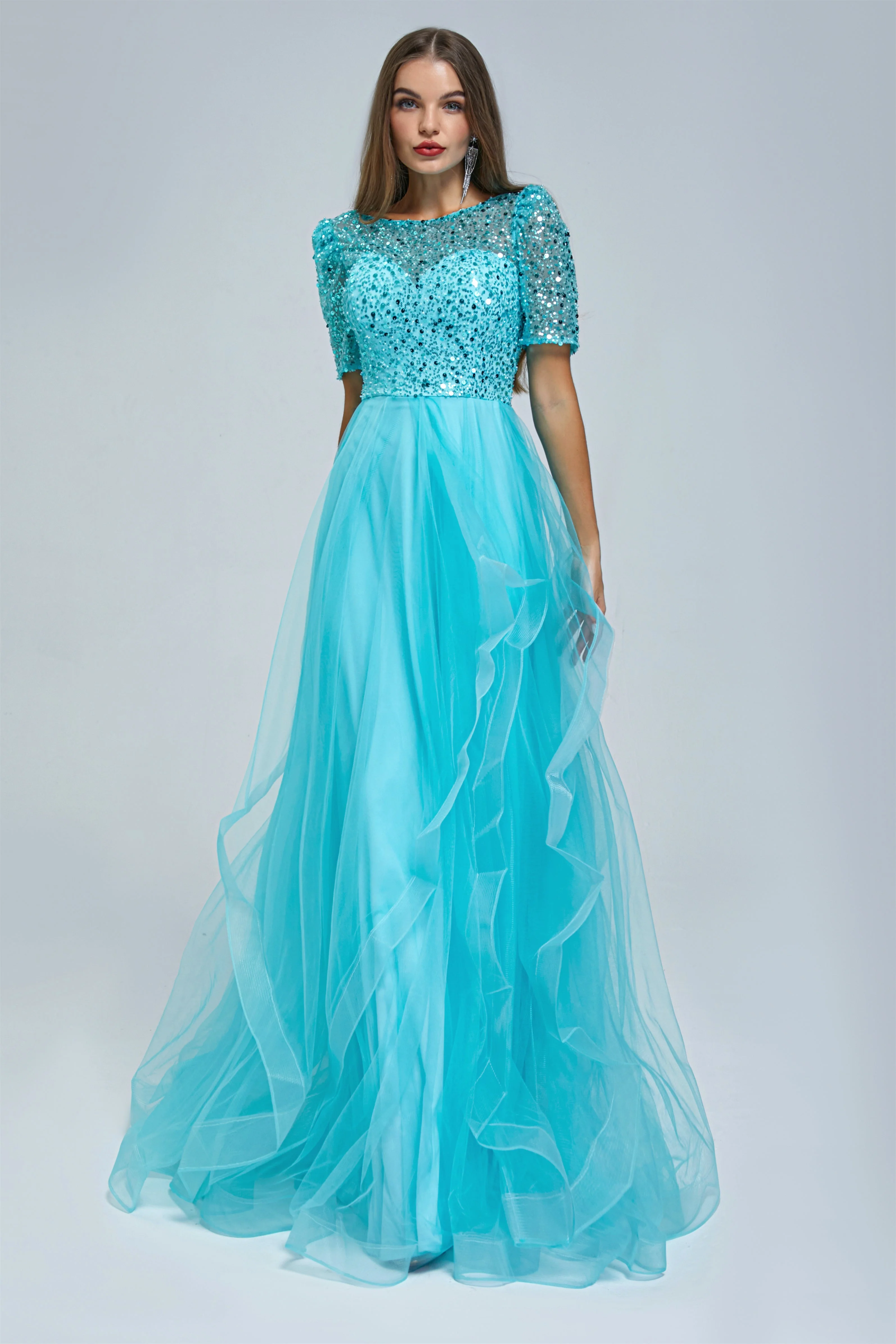 A-line Jewel half sleeves Floor-length Backless Beaded Tulle Beautiful Prom Dress - Image 4
