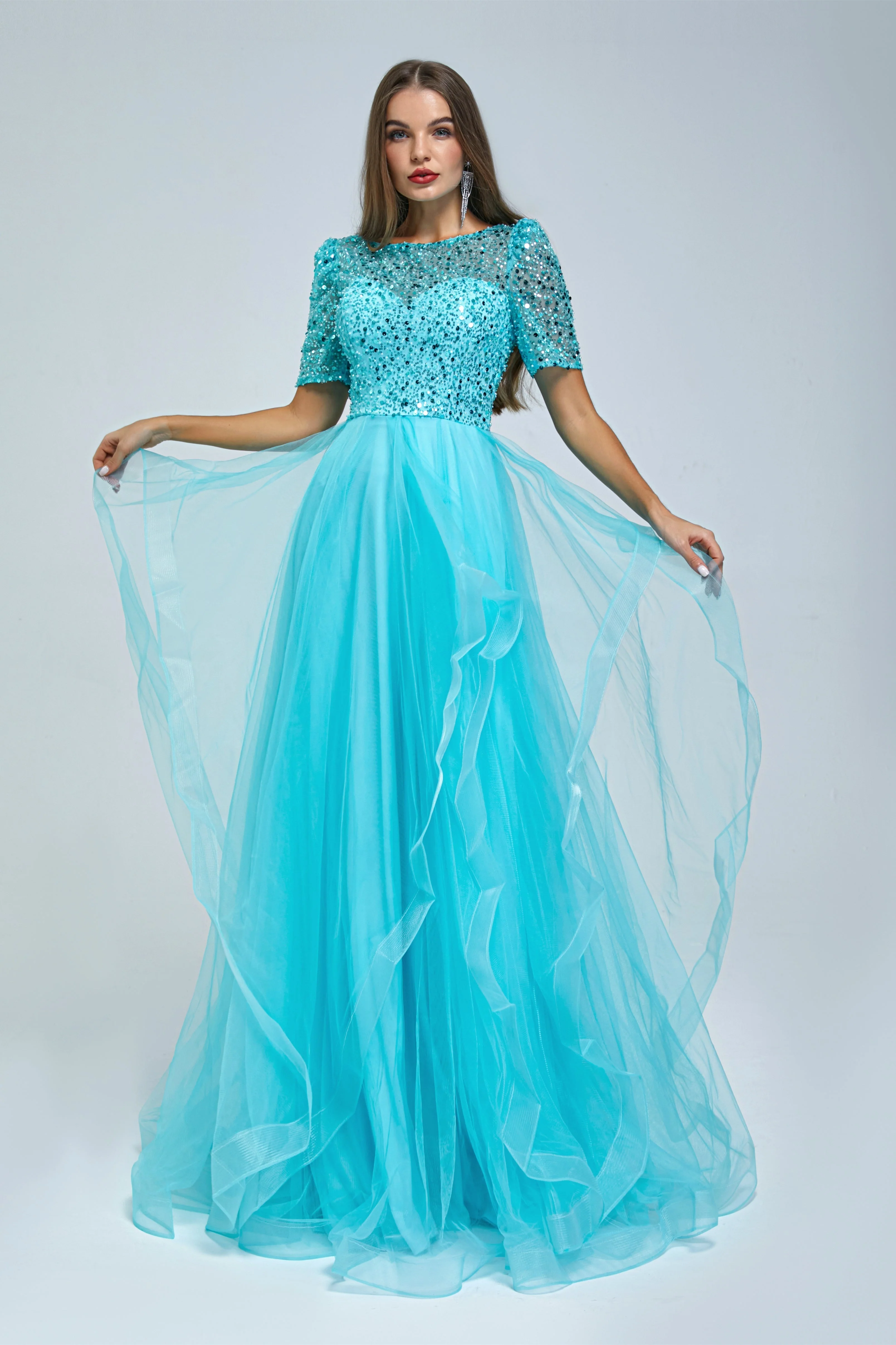 A-line Jewel half sleeves Floor-length Backless Beaded Tulle Beautiful Prom Dress - Image 5