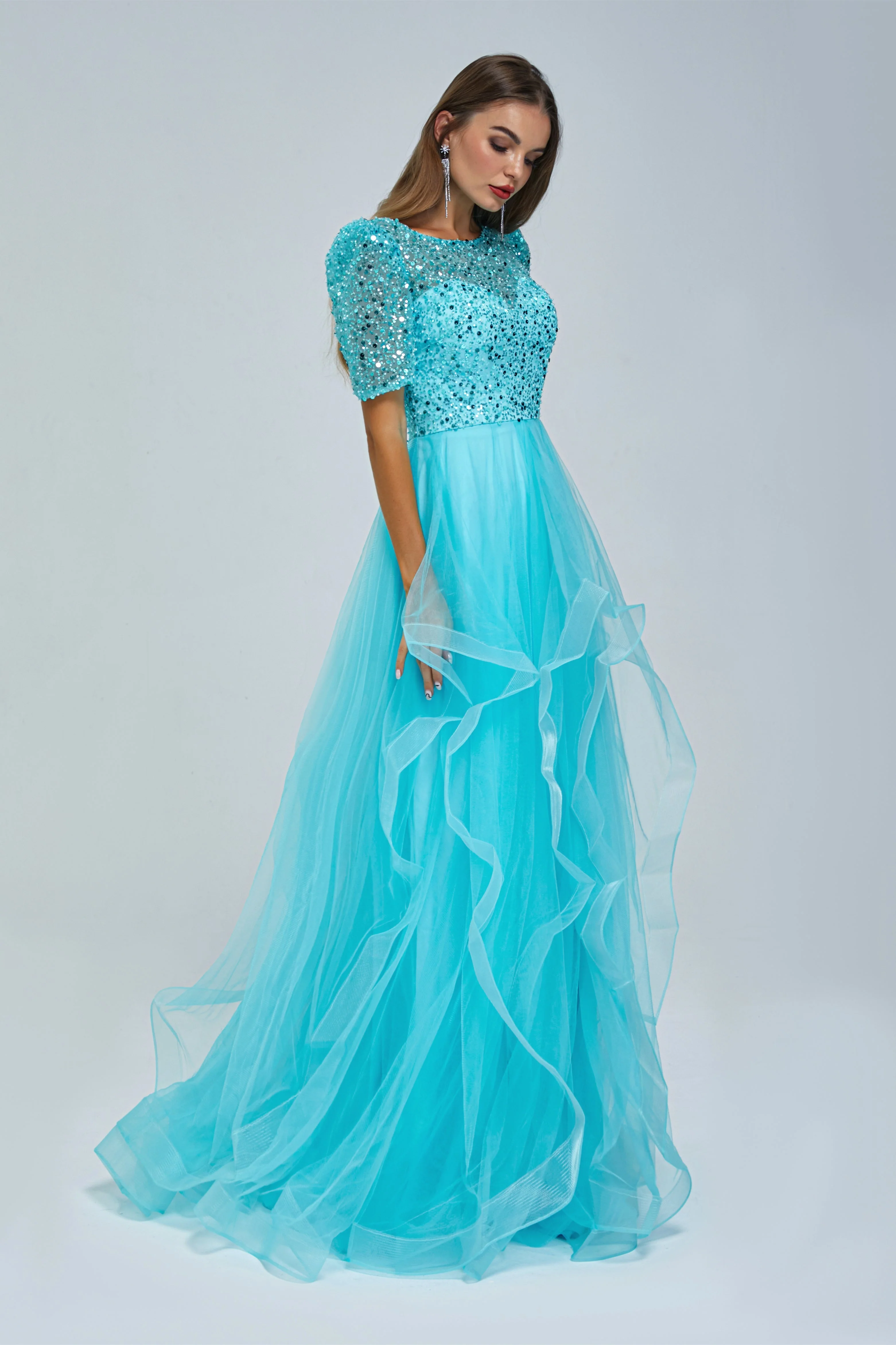 A-line Jewel half sleeves Floor-length Backless Beaded Tulle Beautiful Prom Dress - Image 6