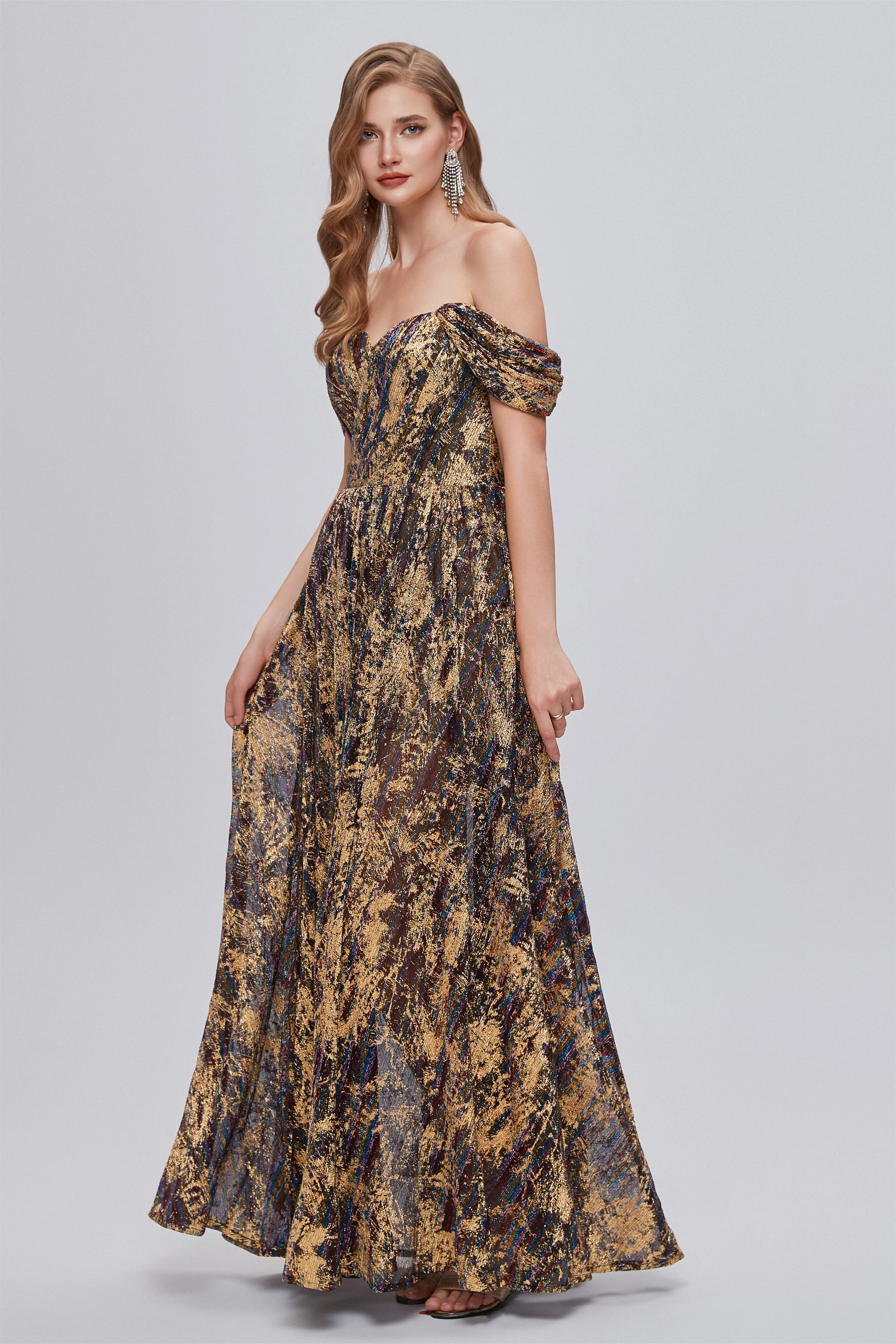 A-line Off-the-shoulder Ankle Length Backless Split Front Elegant Beautiful Prom Dresse - Image 6