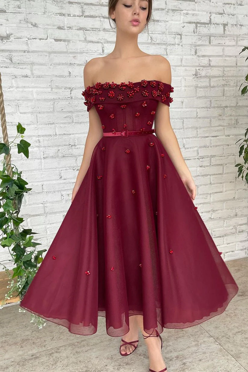 A-line Off-the-shoulder Ankle Length Sleeveless Open Back Beading Homecoming Dress - Image 3
